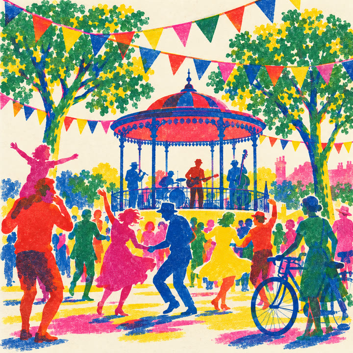 Affiche générée : une fête de quartier sous des guirlandes, un kiosque à musique, des danseurs, aux couleurs vives.